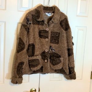 Treadle EUC artsy fuzzy turtle frog fish Jacket medium brown